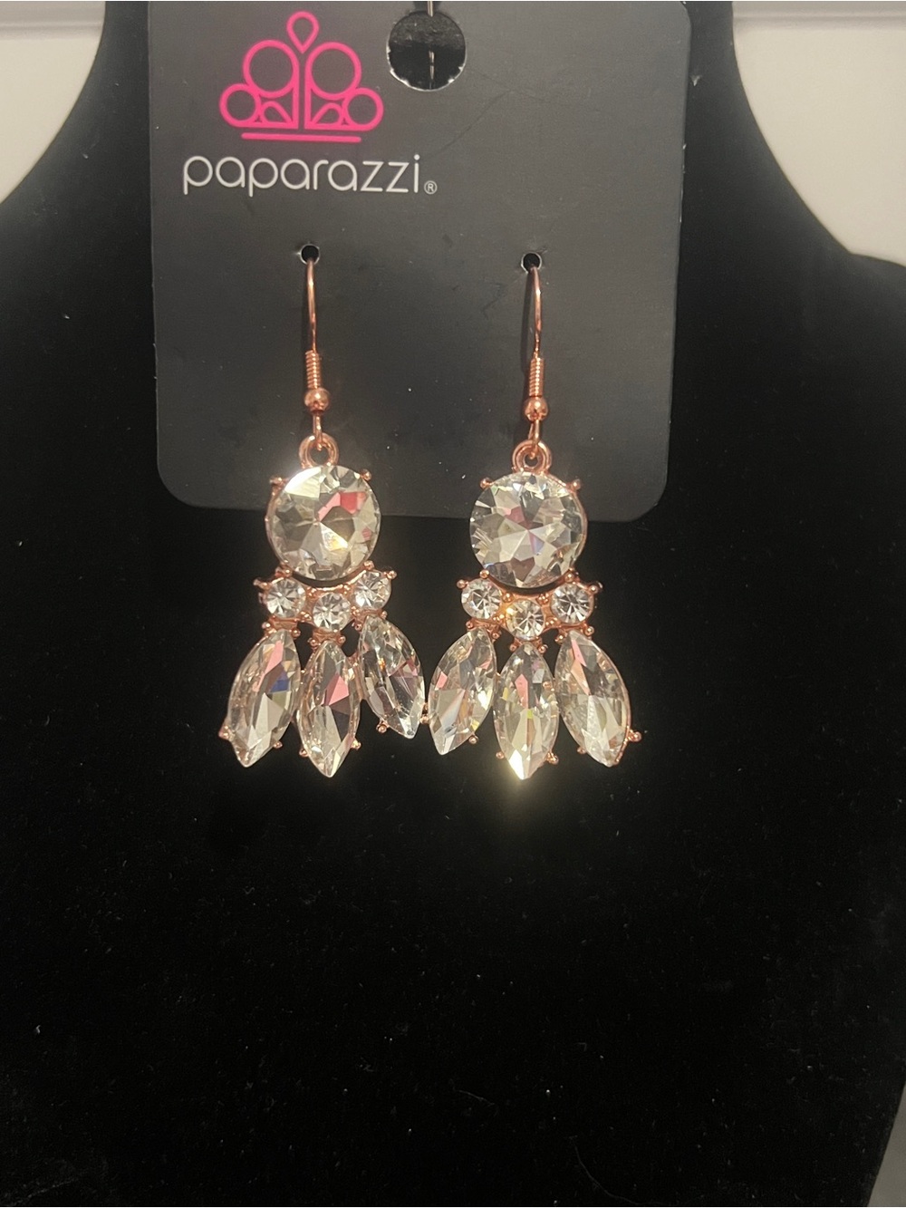 Paparazzi Rose Gold Clear Crystal Teardrop Dangle Earrings